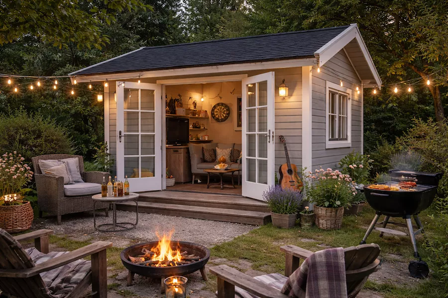 Friggebod i trädgård som används som gäststuga eller man cave – mysigt kvällsljus, eld, grill och inredd interiör för avkoppling och umgänge.